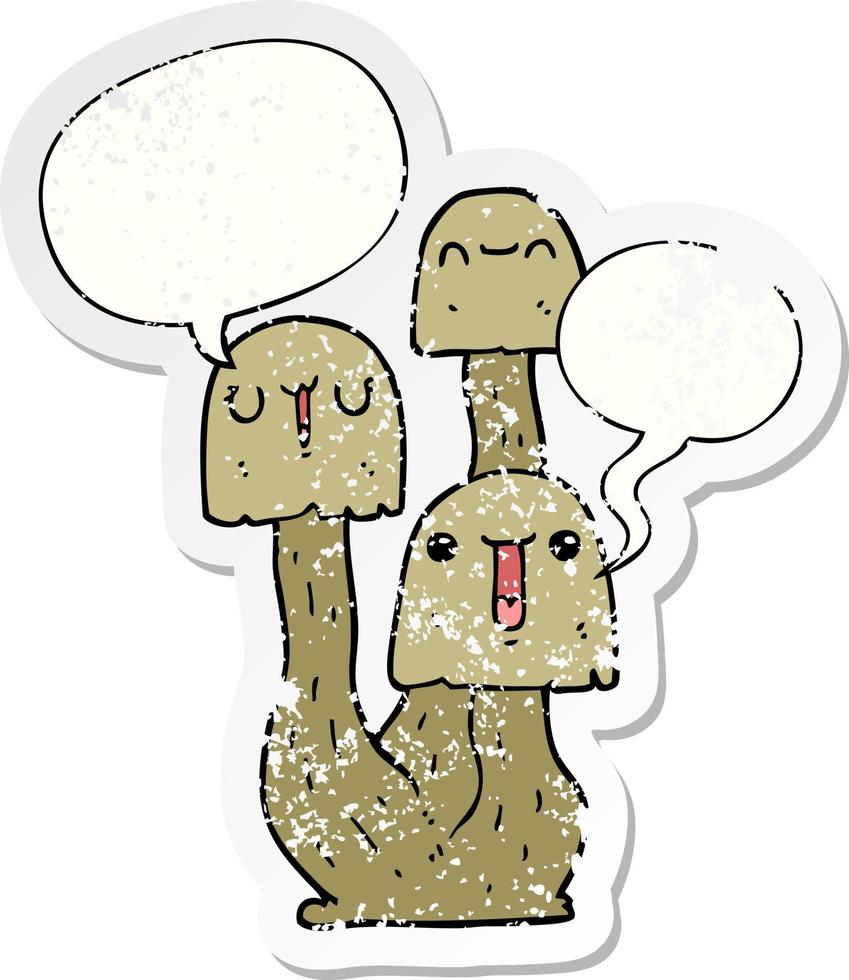 cartoon mushroom and speech bubble distressed sticker vector