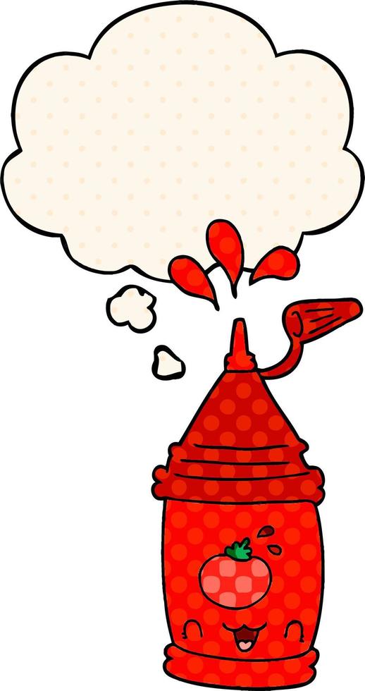 cartoon ketchup bottle and thought bubble in comic book style vector