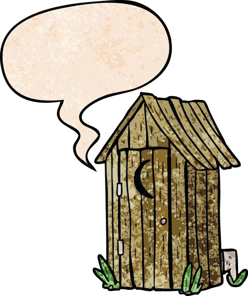 cartoon traditional outdoor toilet and crescent moon window and speech bubble in retro texture style vector