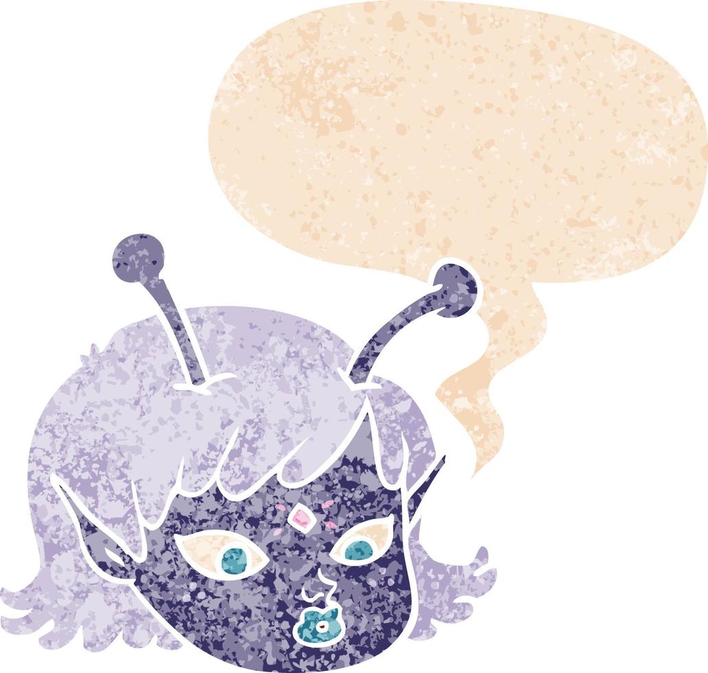 cartoon alien space girl face and speech bubble in retro textured style vector