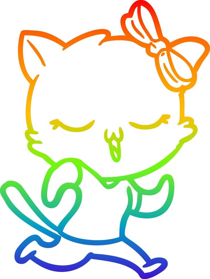 rainbow gradient line drawing cartoon cat with bow on head vector