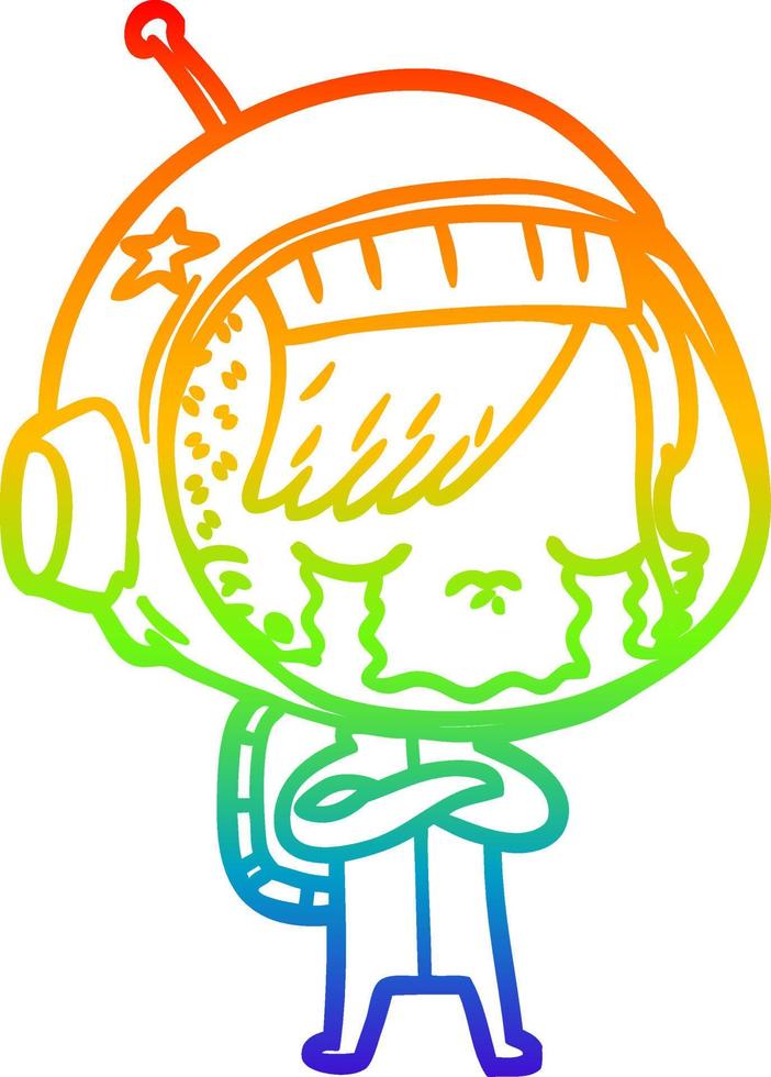 rainbow gradient line drawing cartoon crying astronaut girl vector