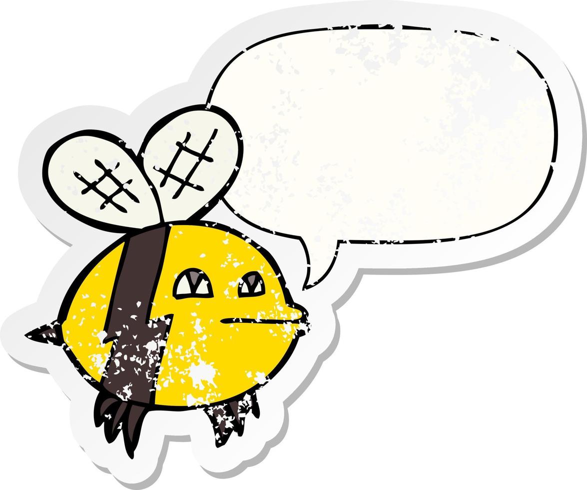 cartoon bee and speech bubble distressed sticker vector