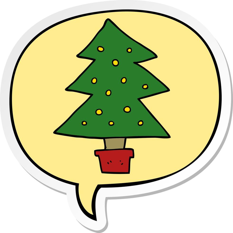 árbol de navidad de dibujos animados y etiqueta engomada de la burbuja del discurso vector