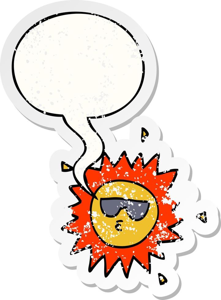 cartoon sun and speech bubble distressed sticker vector