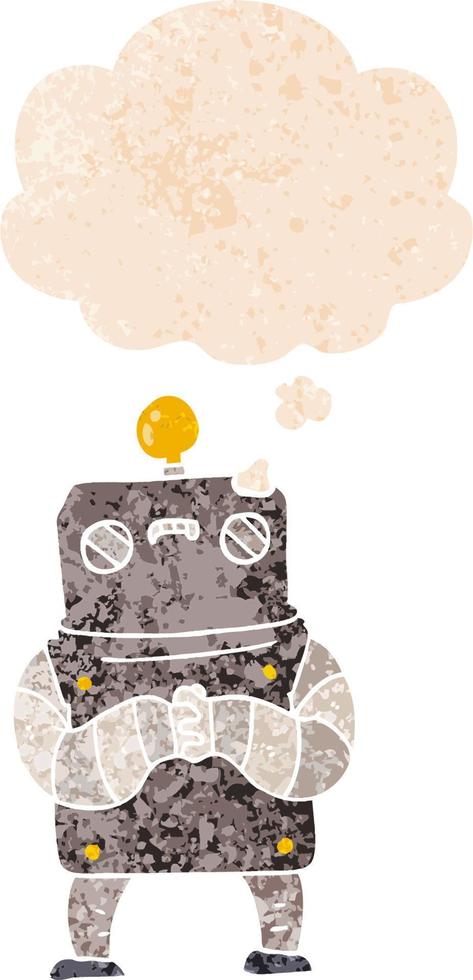 cartoon robot and thought bubble in retro textured style vector