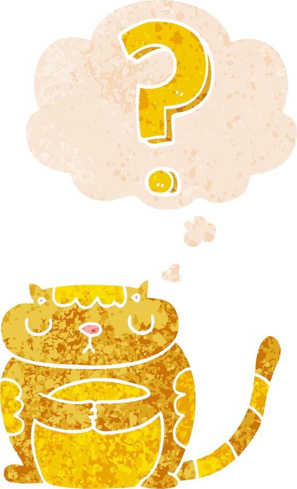 cartoon cat with question mark and thought bubble in retro textured style vector