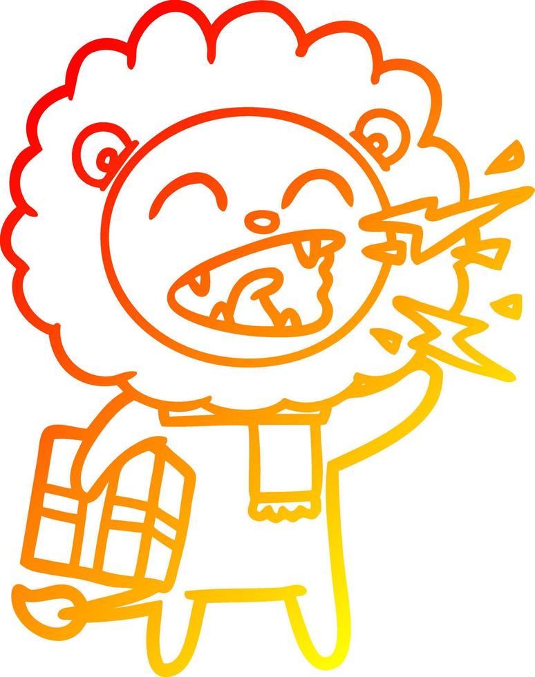 warm gradient line drawing cartoon roaring lion with present vector