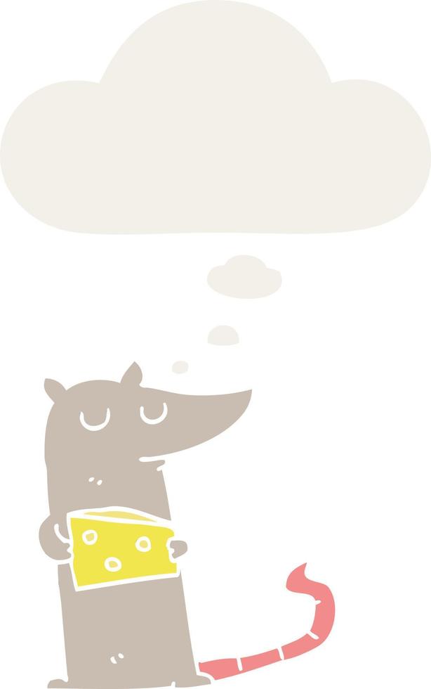 cartoon mouse with cheese and thought bubble in retro style vector