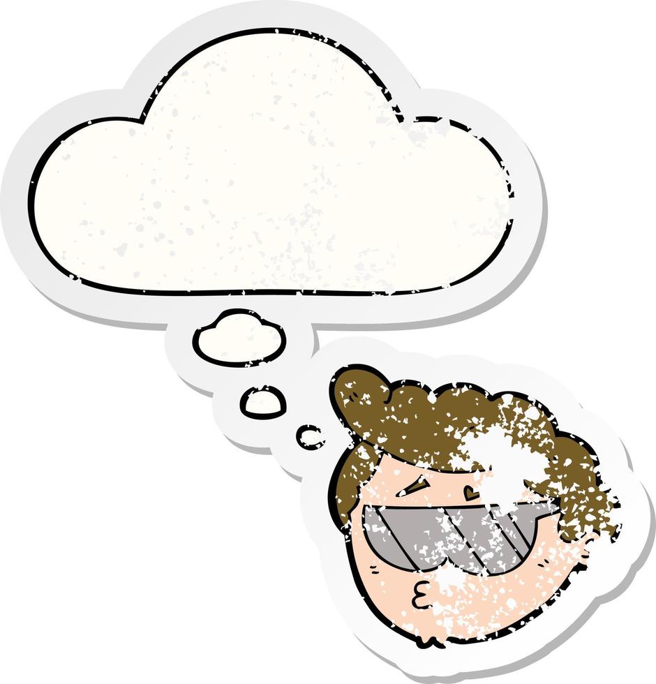 cartoon boy wearing sunglasses and thought bubble as a distressed worn sticker vector