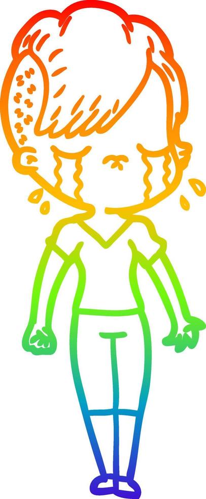 rainbow gradient line drawing cartoon crying girl vector