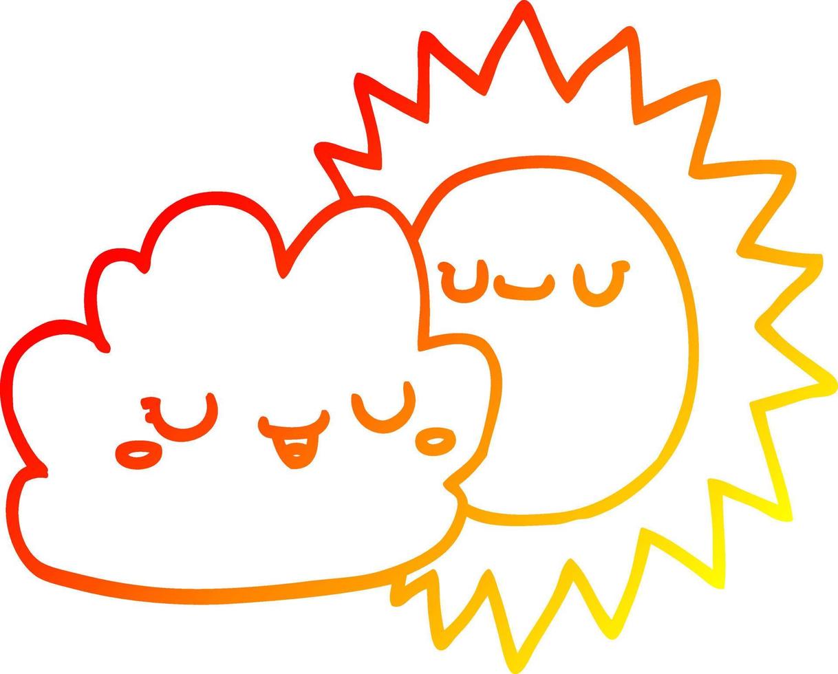 warm gradient line drawing cartoon sun and cloud vector