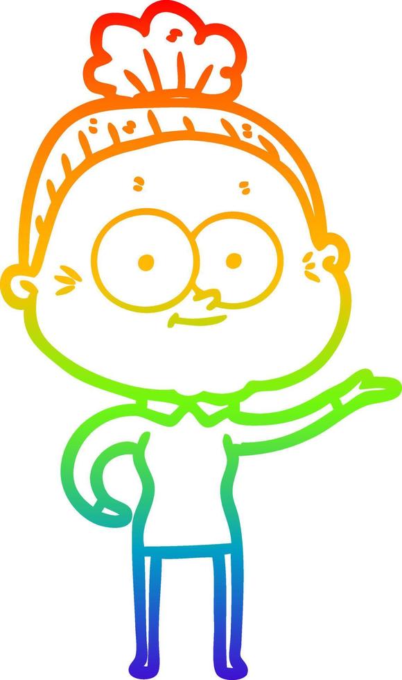 rainbow gradient line drawing cartoon happy old woman vector