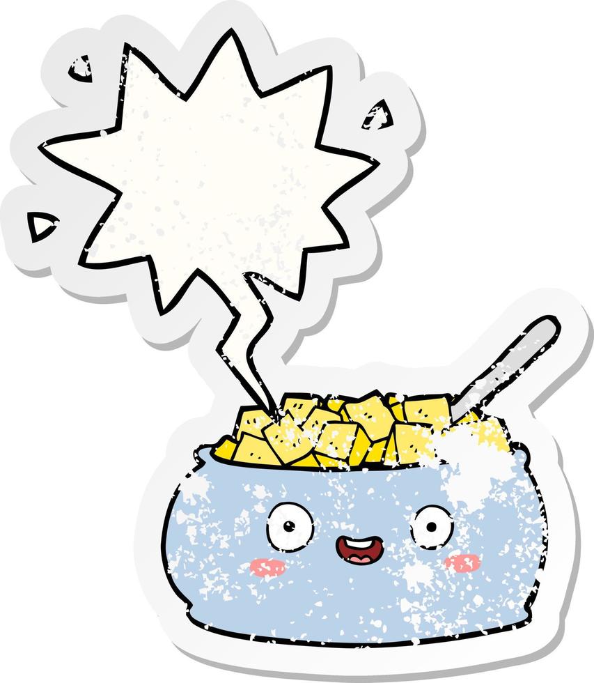 cute cartoon bowl of sugar and speech bubble distressed sticker vector