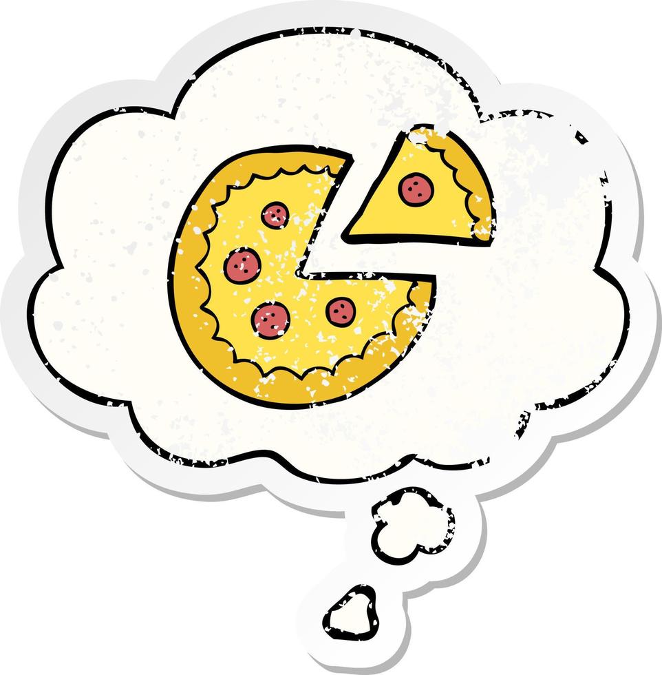 cartoon pizza and thought bubble as a distressed worn sticker vector