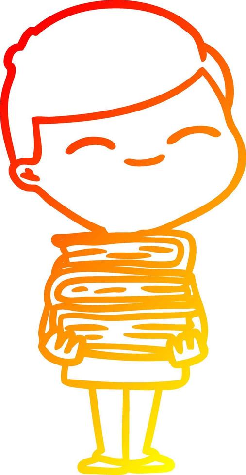 warm gradient line drawing cartoon smiling boy with stack of books vector