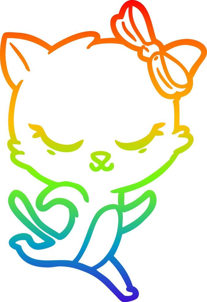 rainbow gradient line drawing cute cartoon cat with bow running vector