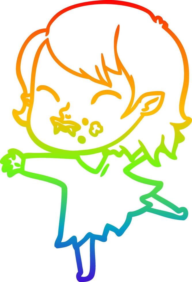rainbow gradient line drawing cartoon vampire girl with blood on cheek vector