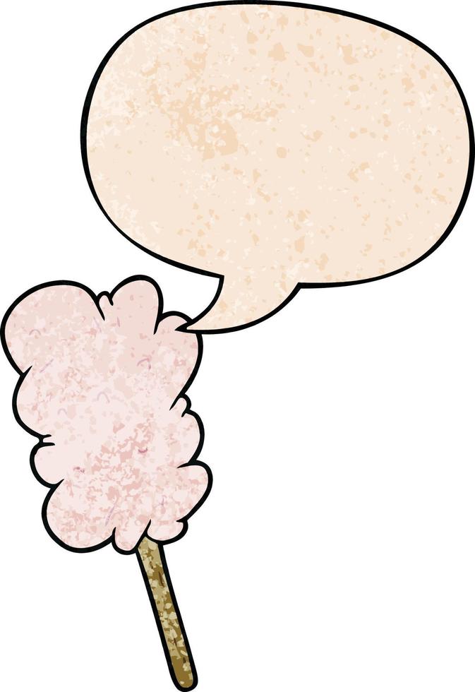 cartoon candy floss on stick and speech bubble in retro texture style vector