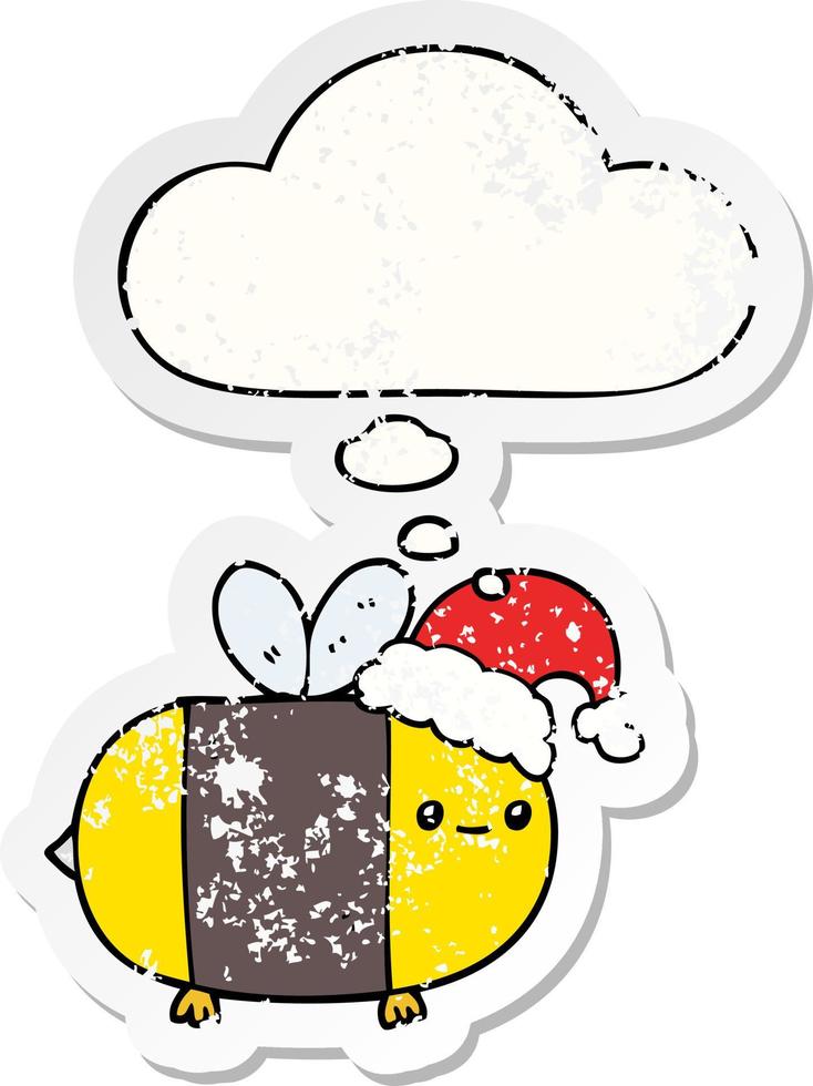 cartoon christmas bee and thought bubble as a distressed worn sticker vector