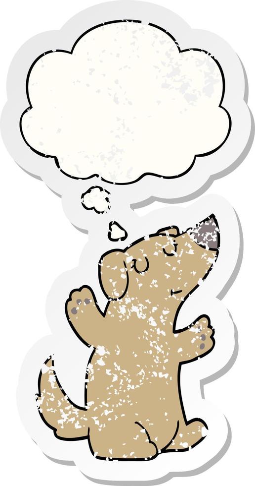 cartoon dog and thought bubble as a distressed worn sticker vector