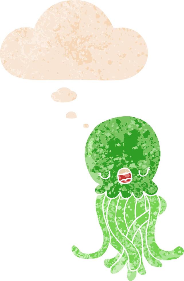 cartoon jellyfish and thought bubble in retro textured style vector