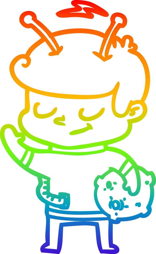 rainbow gradient line drawing friendly cartoon spaceman holding meteor vector