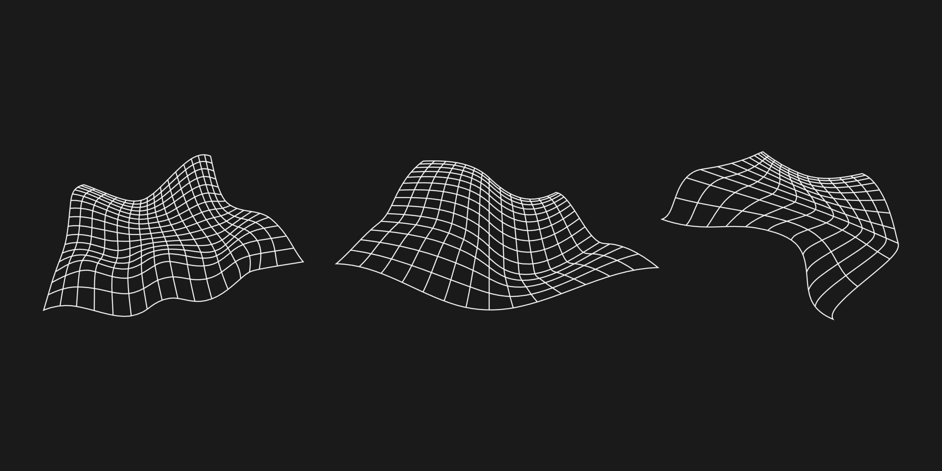 Cyber distorted grid, retro punk design element. Wireframe wave geometry grid on black background. Vector illustration