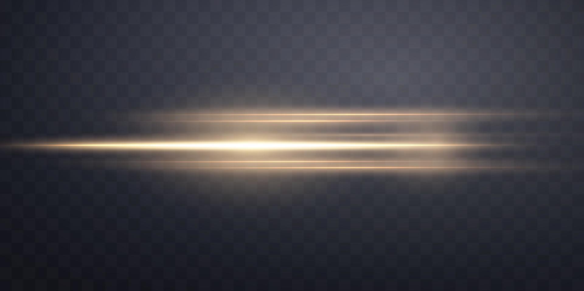 Gold horizontal lens flare. Sun flash with rays or gold spotlight and bokeh. Yellow glow flare light effect. Vector illustration.