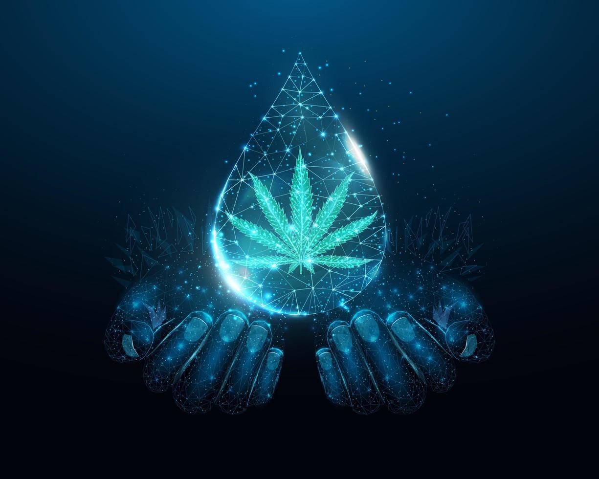 Two human hands are holds cannabis oil. Low poly hemp in oil drop. Wireframe glowing low poly  marijuana leaf. Design on dark blue background. Abstract futuristic vector illustration.