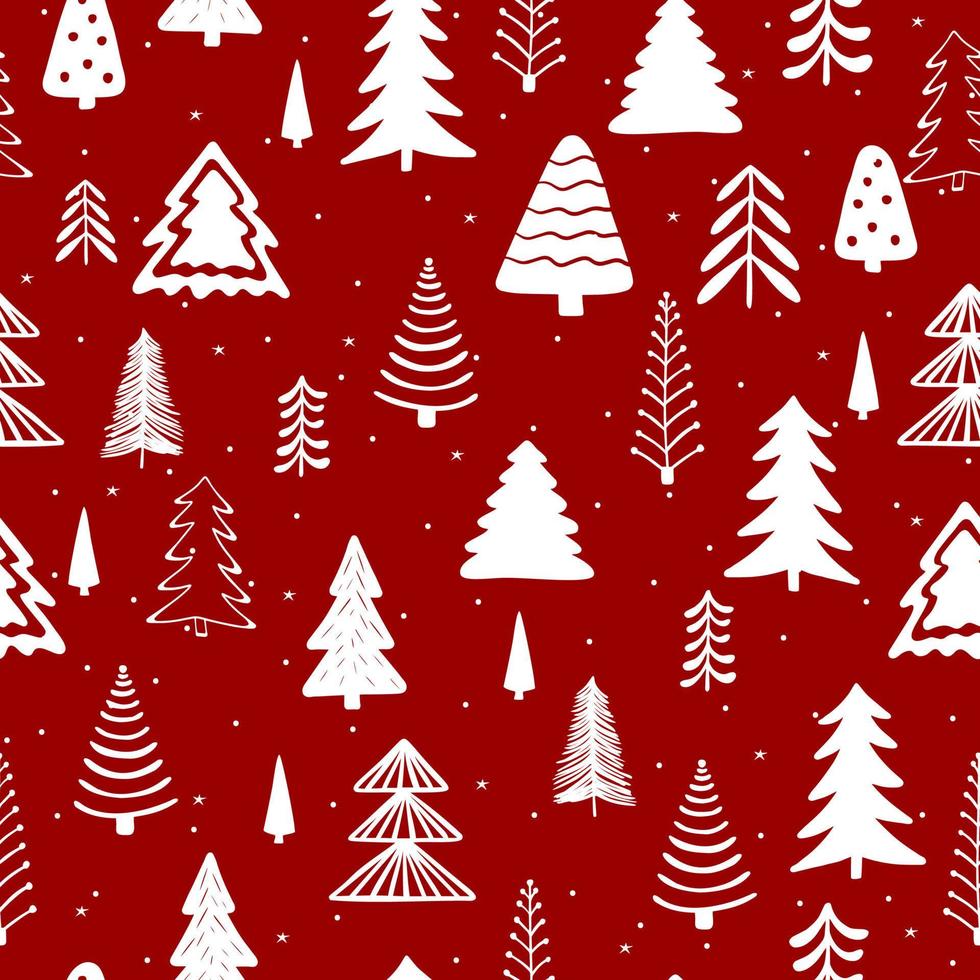 Seamless pattern with stylized Christmas trees on red background. vector