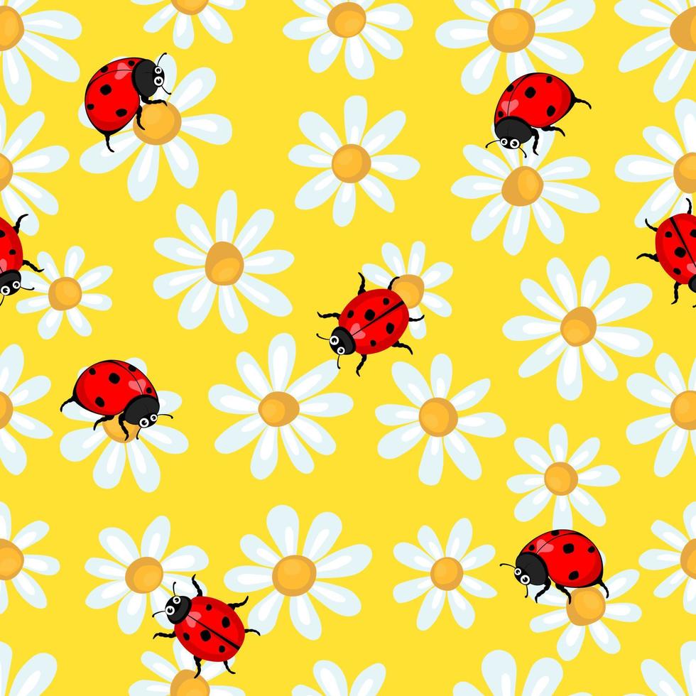 Seamless spring pattern with simple chamomile on yellow background