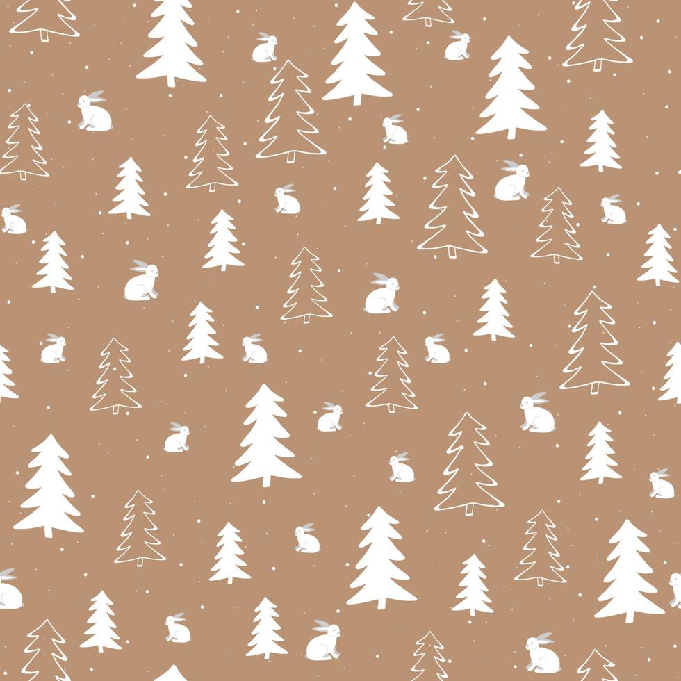 Scandinavian winter forest hand drawn seamless background. New Year, Christmas, holidays with Christmas tree for printing, paper, design, fabric, decor, gift wrapping, background. vector