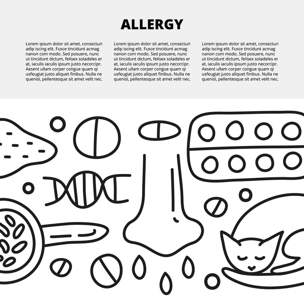 Article template with space for text and doodle outline allergy icons including syringe, runny eye, microscope, dnk, wheat, pills, drops. vector