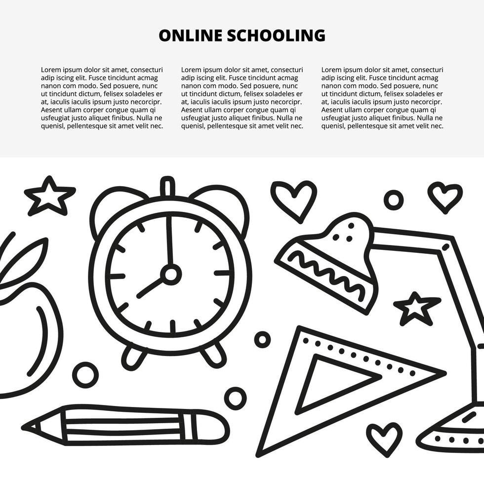 Article template with space for text and doodle outline education, e-learning icons including apple, clock, lamp, ruler, pencil isolated on white background. vector