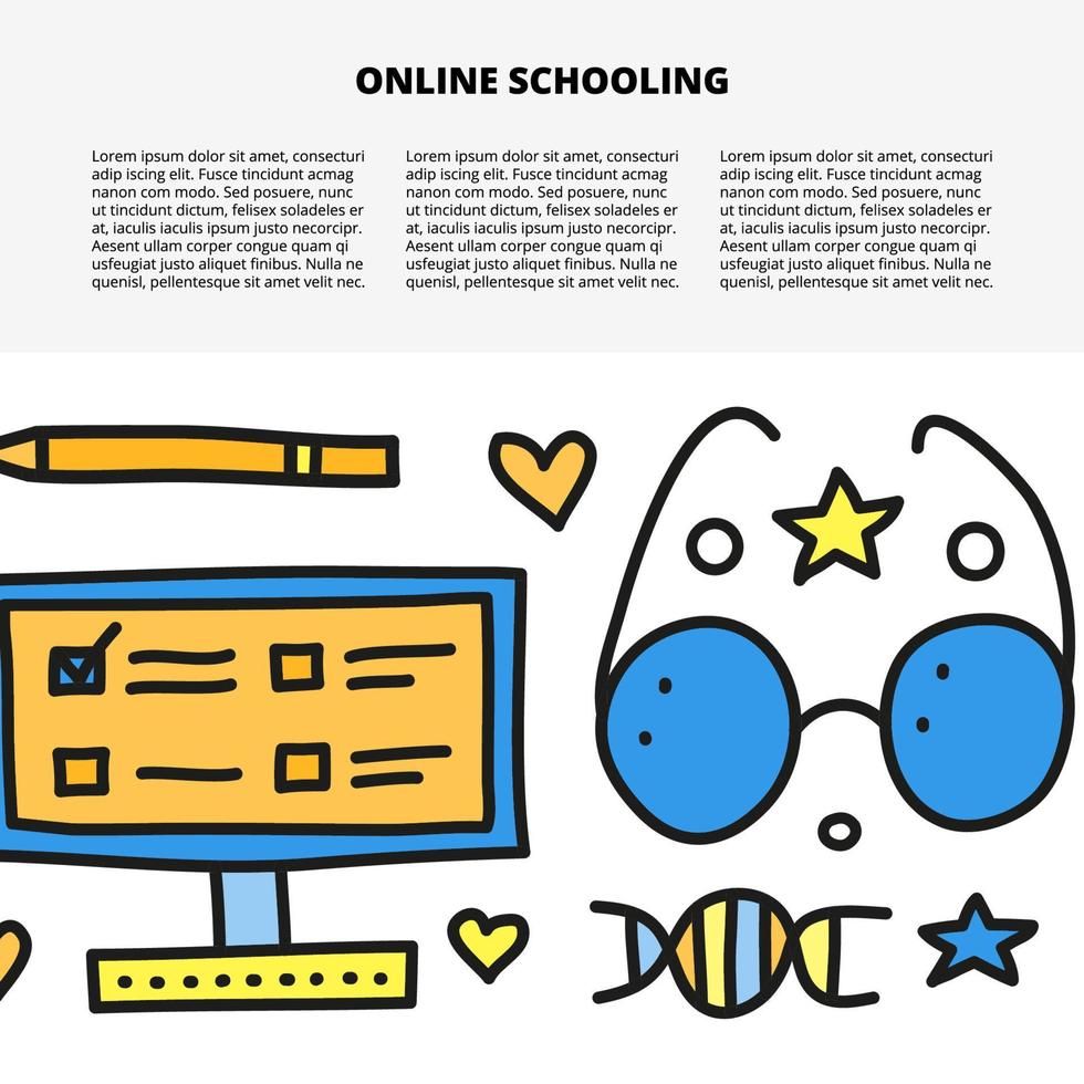 Article template with space for text and doodle colored education, e-learning icons including computer, eye glasses, pen, dna isolated on white background. vector