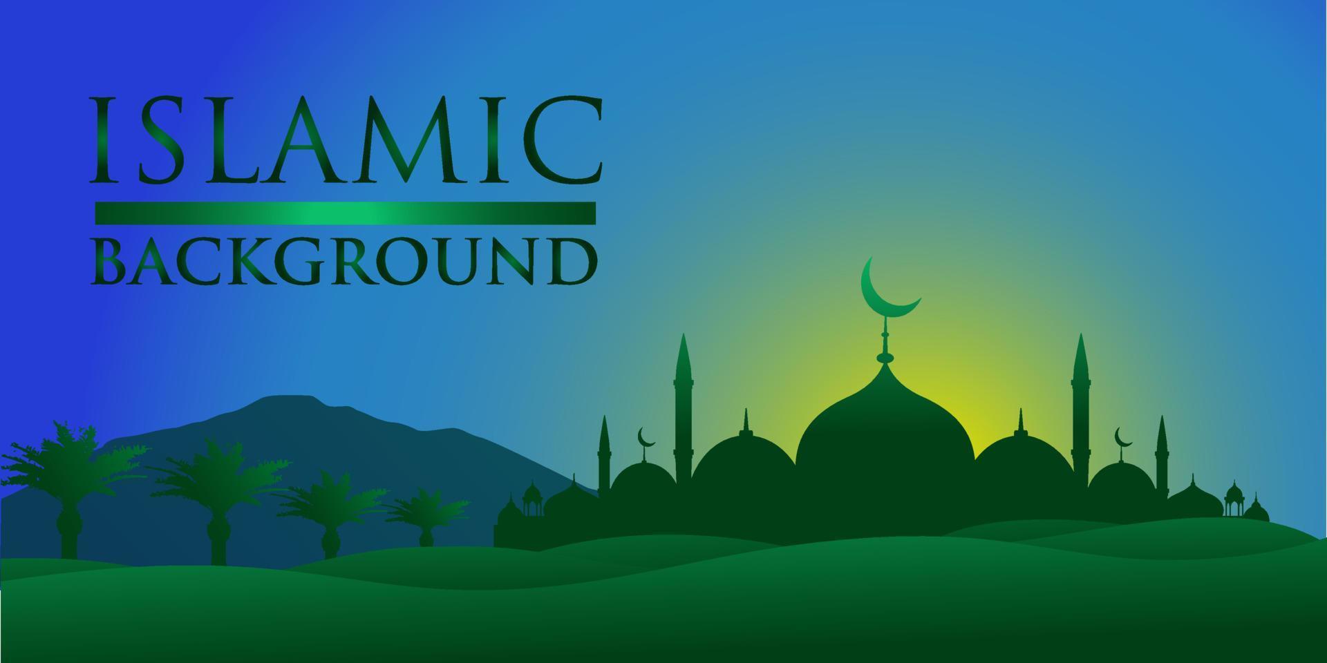 fondo islámico verde con nubes azules amanecer fondo islámico mejor de ramadan kareem eid mubarak diseño de plantilla de banner de tarjeta de felicitación con área de espacio de copia vector