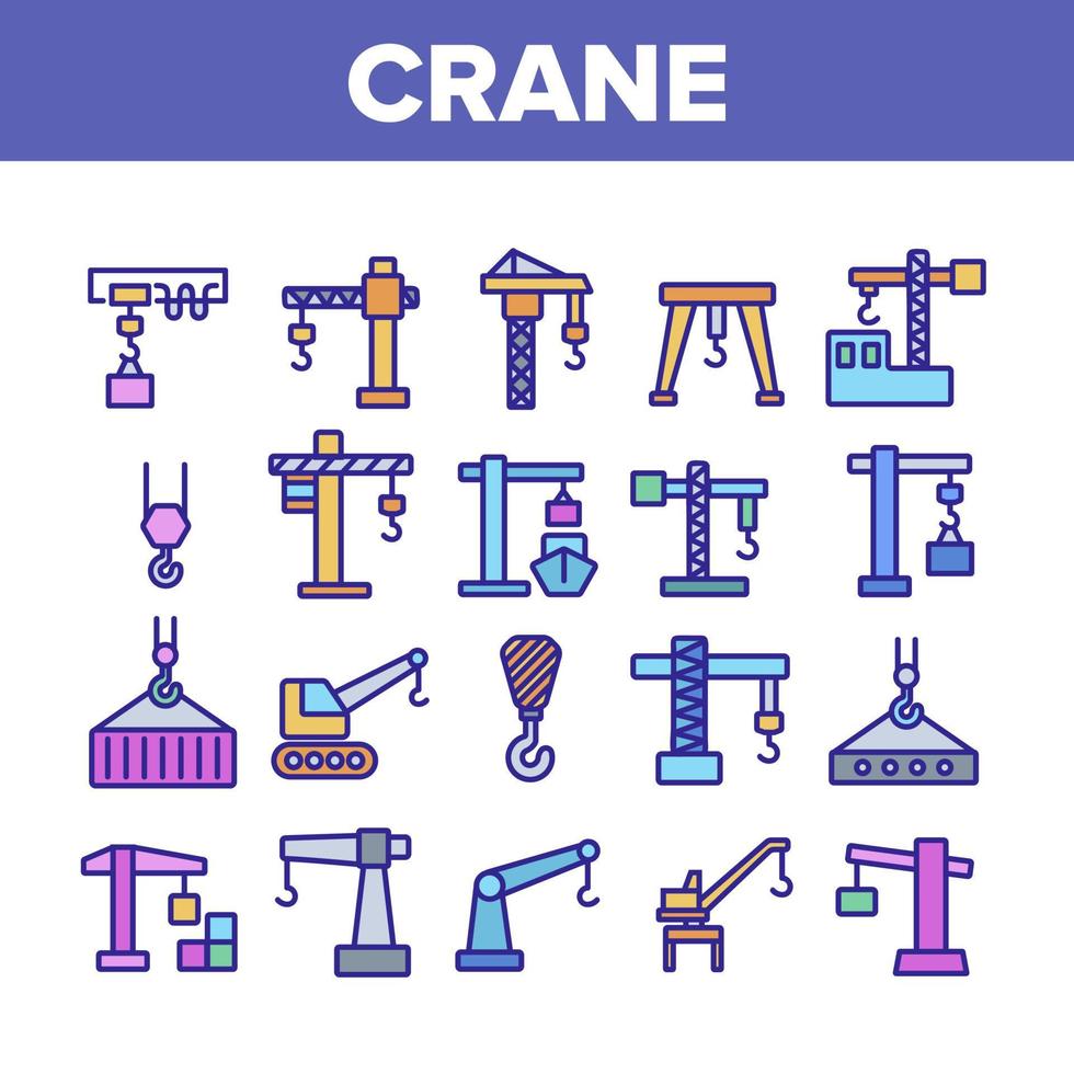 Crane Building Machine Collection Icons Set Vector