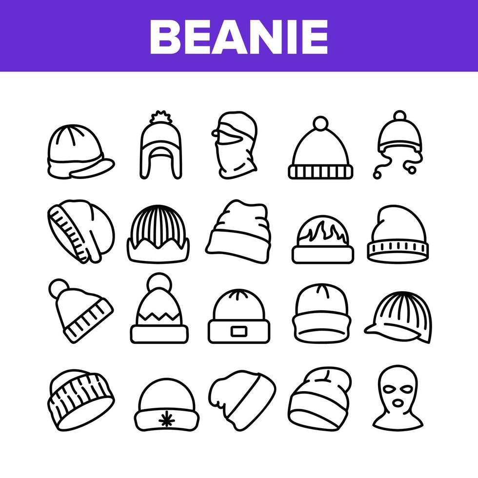 Beanie Seasonal Hat Collection Icons Set Vector