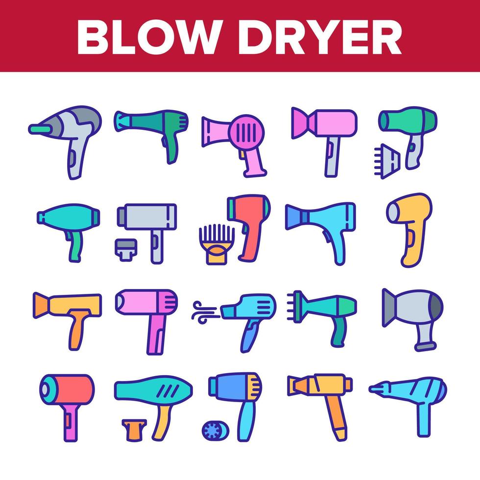 Blow Dryer Device Collection Icons Set Vector