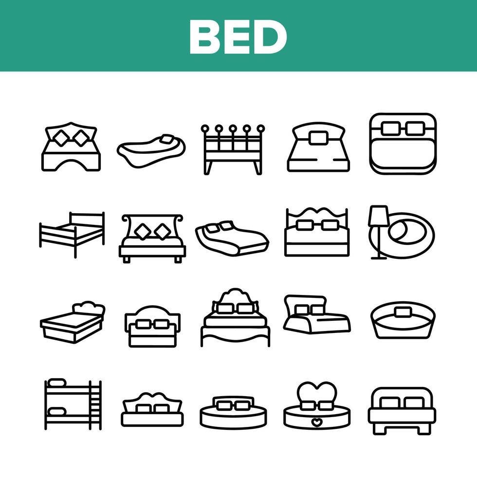 Bed Bedroom Furniture Collection Icons Set Vector