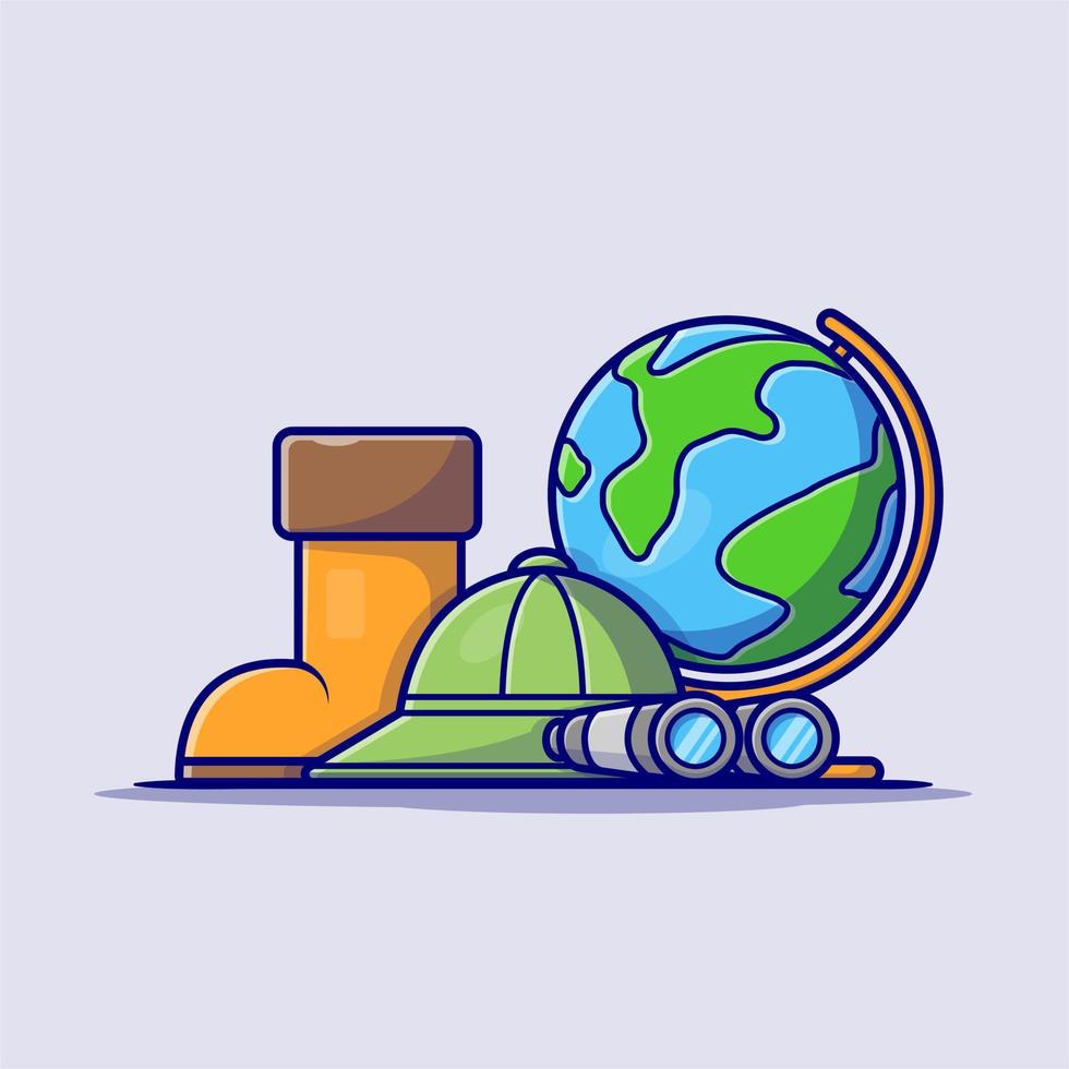 Boot Shoes with Hat, Binoculars and Globe World Cartoon  Vector Icon Illustration. Nature Object Icon Concept Isolated  Premium Vector. Flat Cartoon Style
