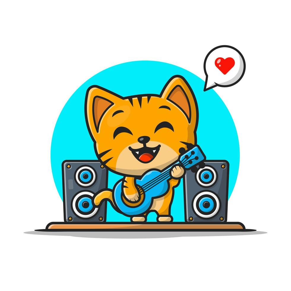 Cute Cat Playing Guitar Cartoon Vector Icon Illustration.  Animal Music Icon Concept Isolated Premium Vector. Flat  Cartoon Style