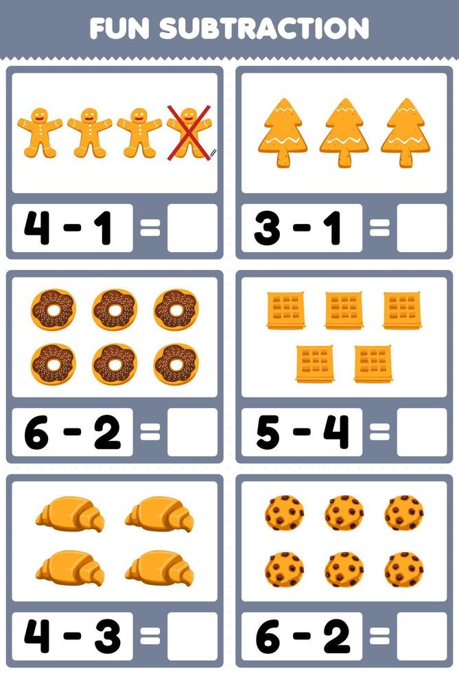 Education game for children fun subtraction by counting and eliminating cartoon food gingerbread donut waffle croissant cookie worksheet vector