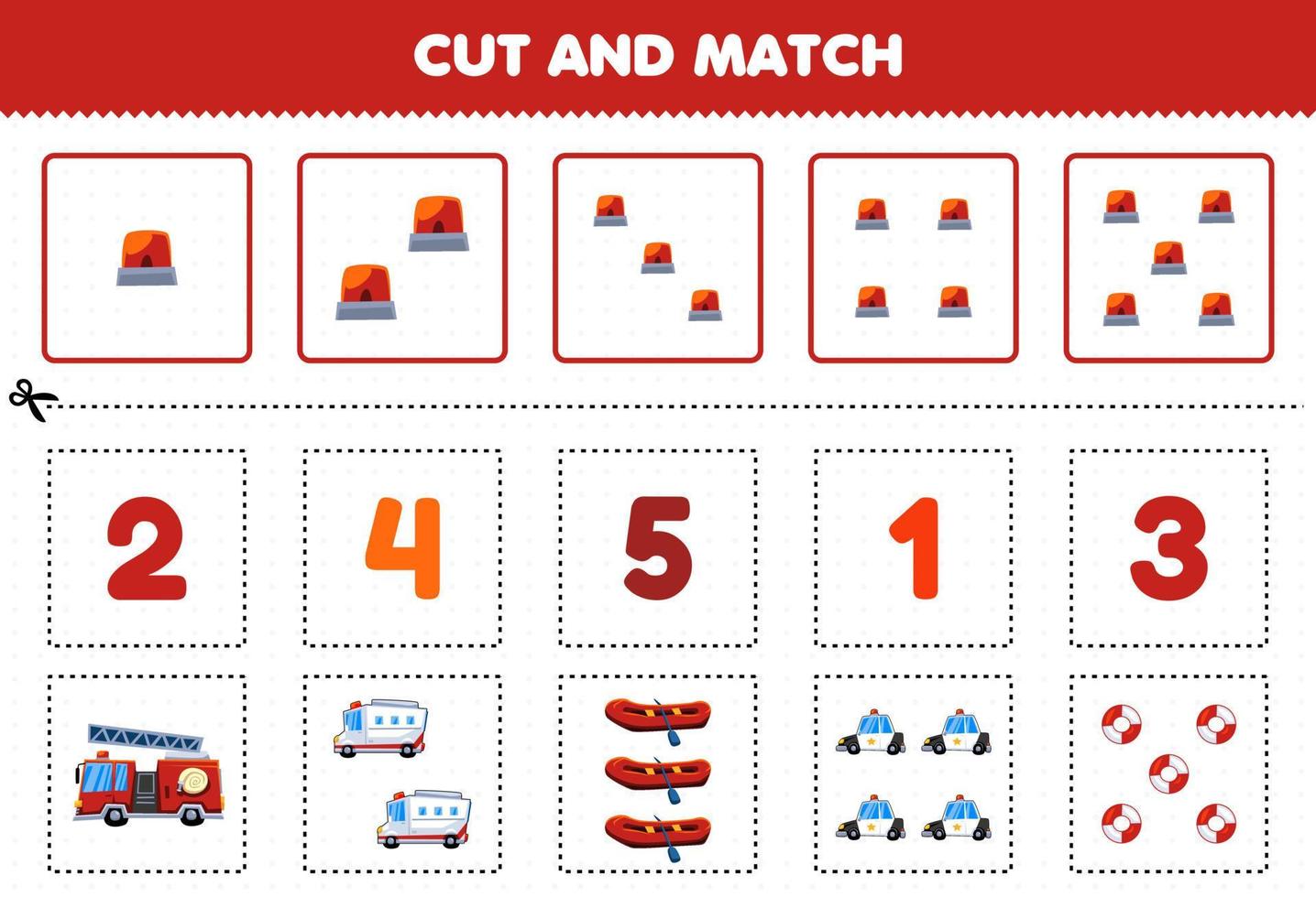 Education game for children cut and match the same number of cute cartoon rescue transportation firetruck ambulance inflatable boat police car lifebuoy printable worksheet vector