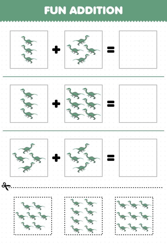 juego educativo para niños divertido además de cortar y combinar dibujos animados lindo dinosaurio prehistórico velociraptor imágenes hoja de trabajo vector