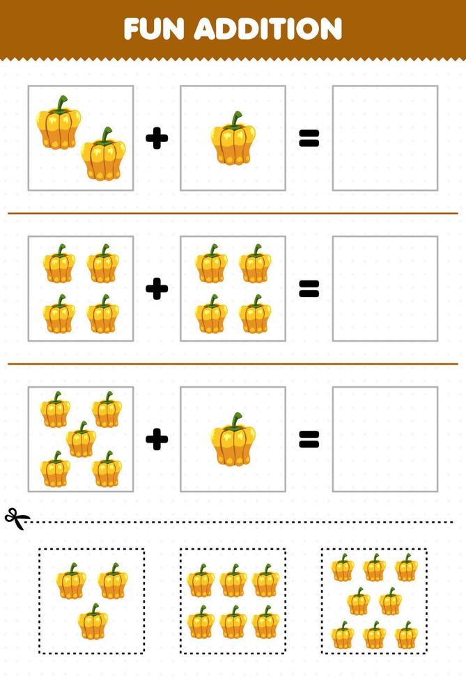 Education game for children fun addition by cut and match cartoon vegetable paprika pictures worksheet vector