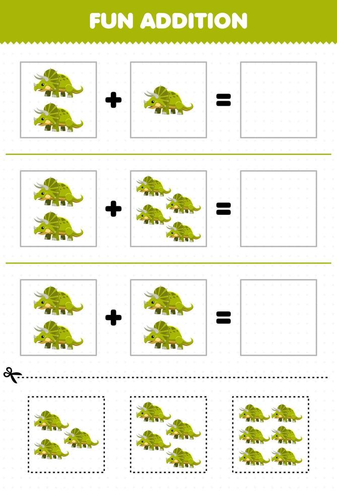 Education game for children fun addition by cut and match cute cartoon prehistoric dinosaur triceratops pictures worksheet vector