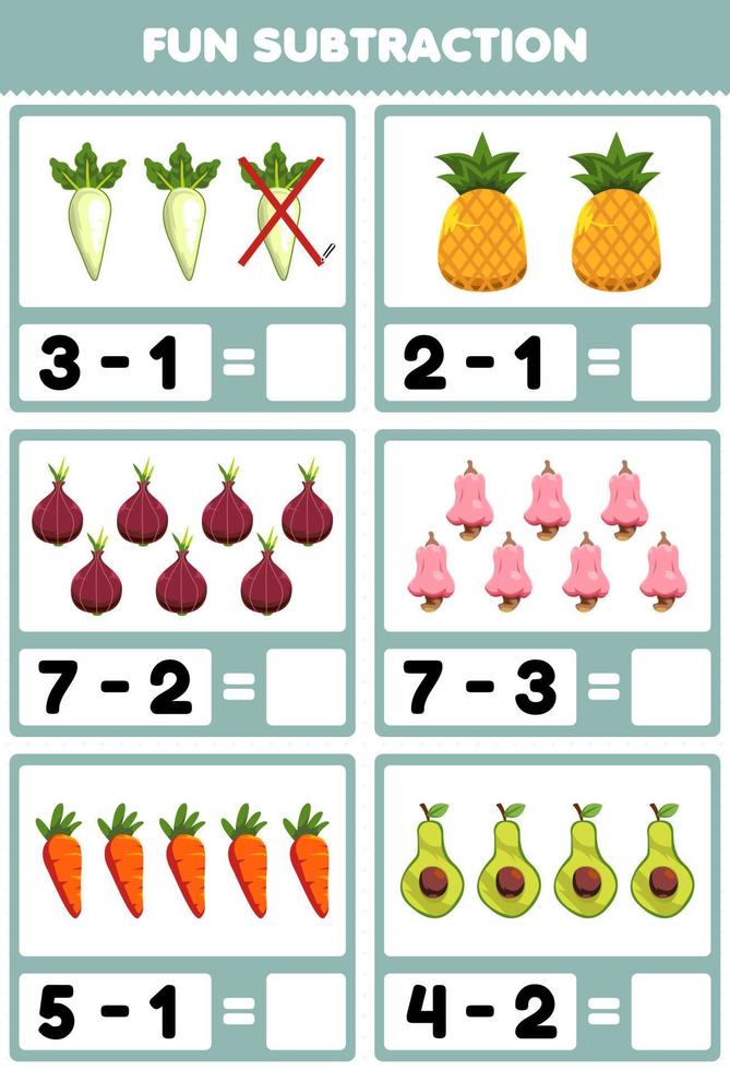Education game for children fun subtraction by counting and eliminating cartoon fruits and vegetables radish pineapple shallot cashew carrot avocado worksheet vector
