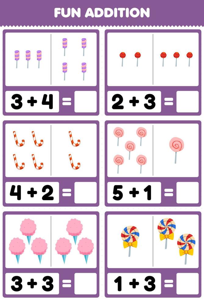 juego educativo para niños suma divertida contando y sumando dibujos  animados alimentos dulces imágenes hoja de trabajo 9989449 Vector en  Vecteezy